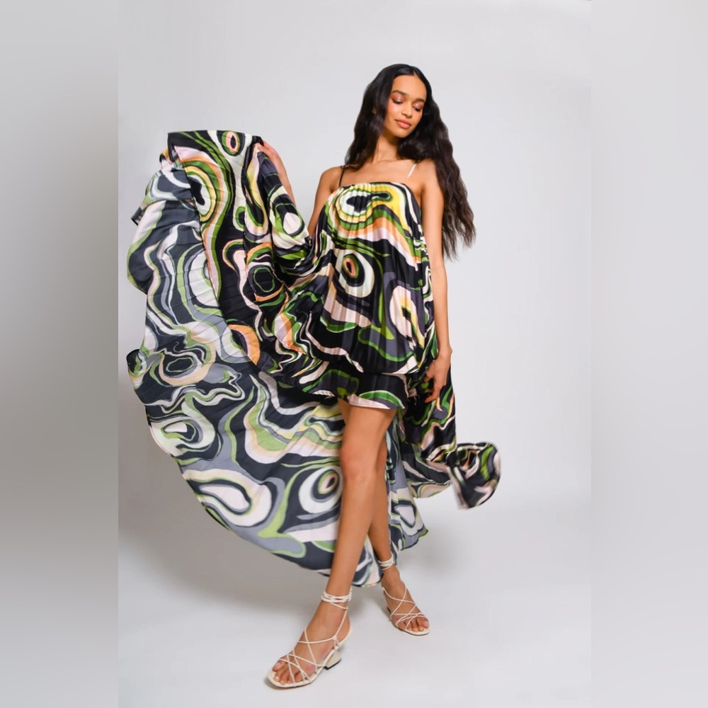 Hutch Zae Pleated Ruffle Dress XS | Black Retro Swirl | MSRP $374